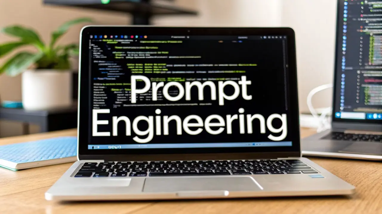 A laptop on a desk with the words Prompt Engineering over code on its screen