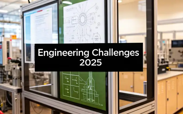 Engineering drawings on glass panels in a lab, with a banner reading Engineering Challenges 2025