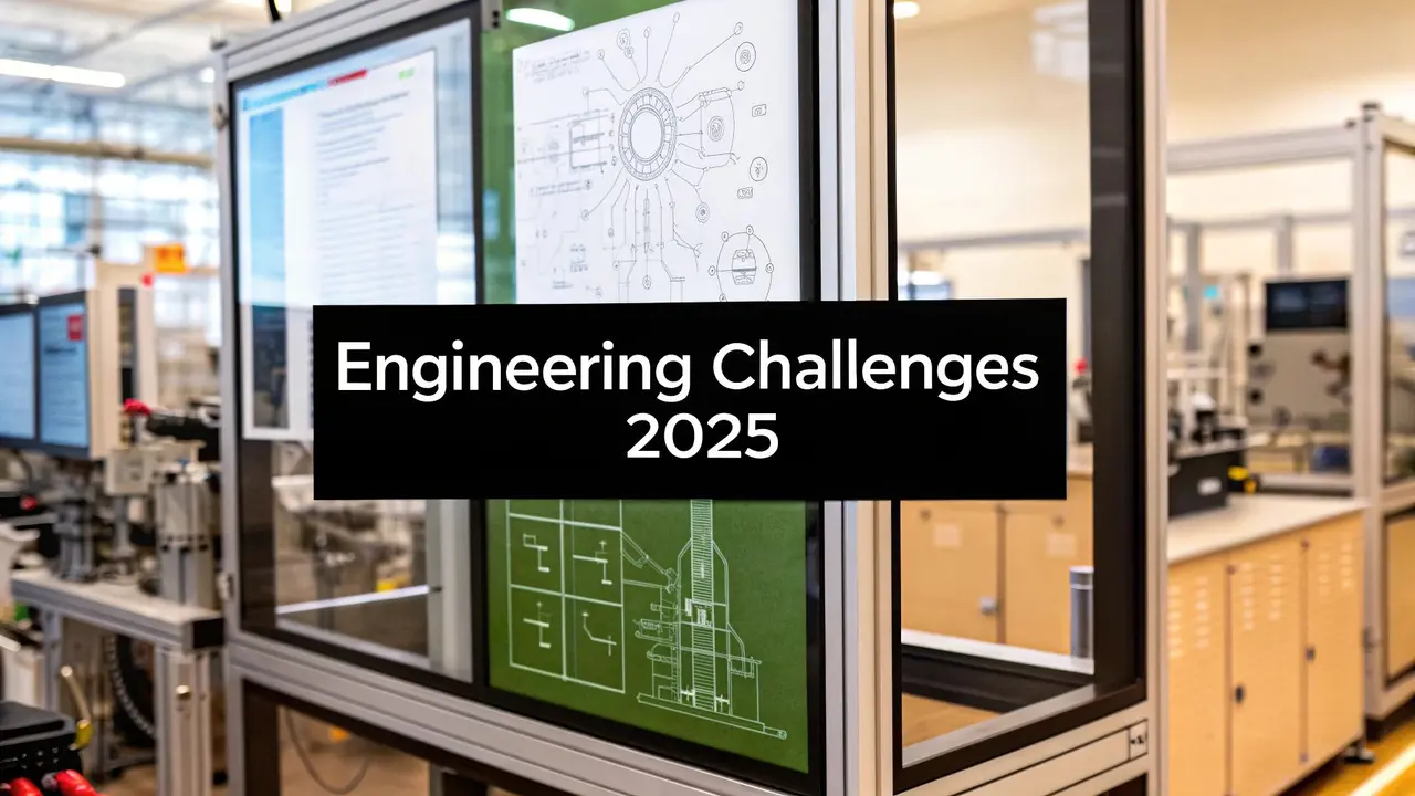 Engineering drawings on glass panels in a lab, with a banner reading Engineering Challenges 2025