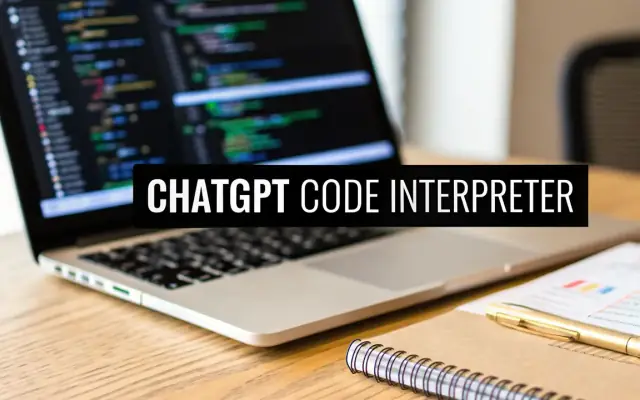 A laptop showing code on a desk, with the caption ChatGPT Code Interpreter