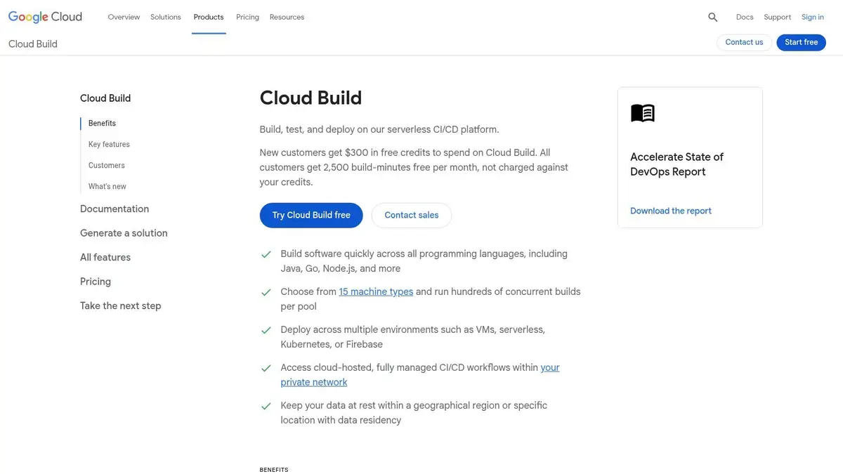 Google Cloud Build product page stating that all customers get 2,500 build-minutes free per month