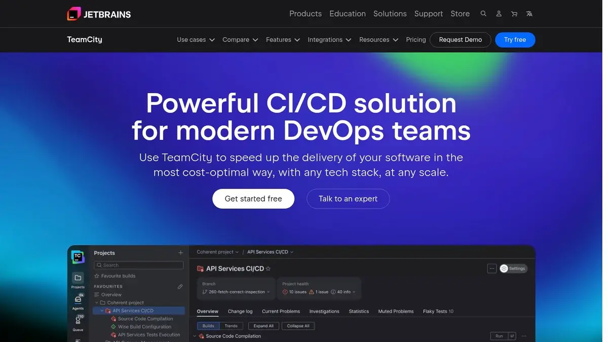 TeamCity project overview showing build configurations, project health and a Flaky Tests tab