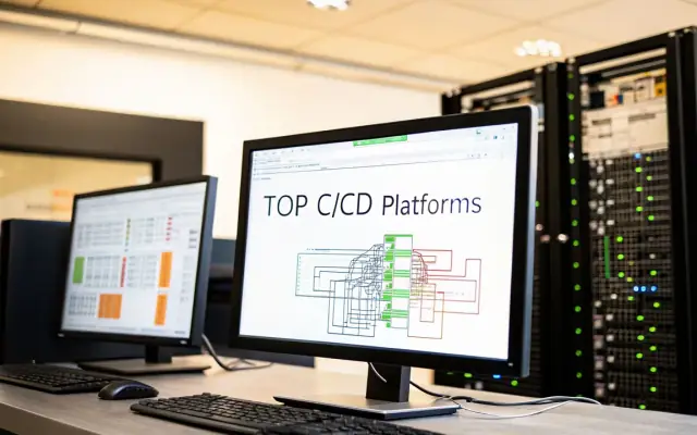 Two monitors next to a server rack, one screen showing a pipeline diagram under the words Top CI/CD Platforms