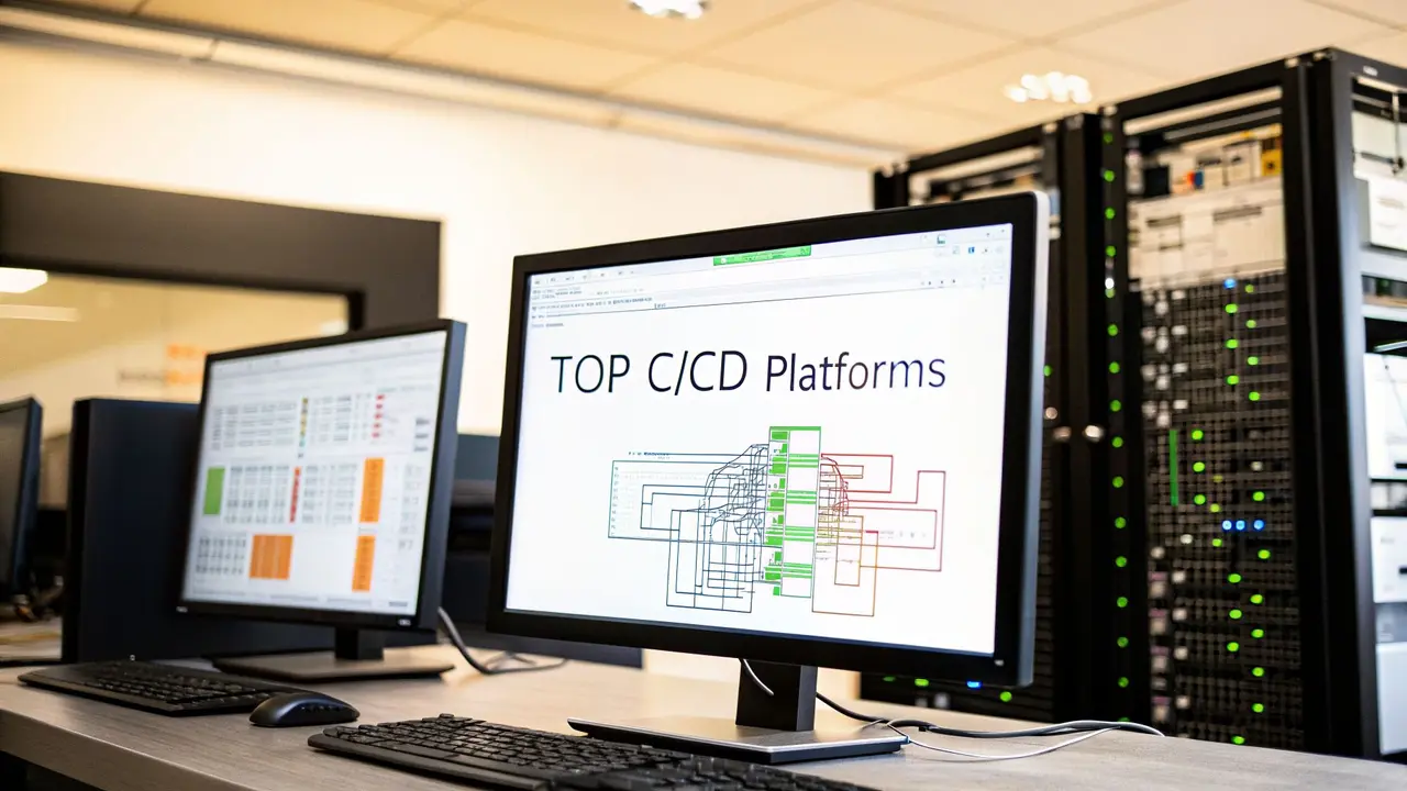 Two monitors next to a server rack, one screen showing a pipeline diagram under the words Top CI/CD Platforms