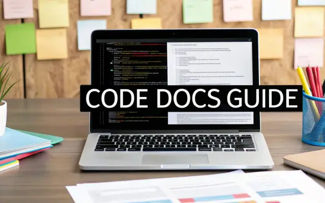A laptop on a desk with the words Code Docs Guide on its screen