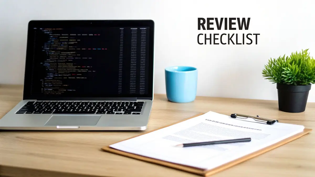 A desk with a laptop showing code, a mug, a clipboard and a plant, with the words Review Checklist