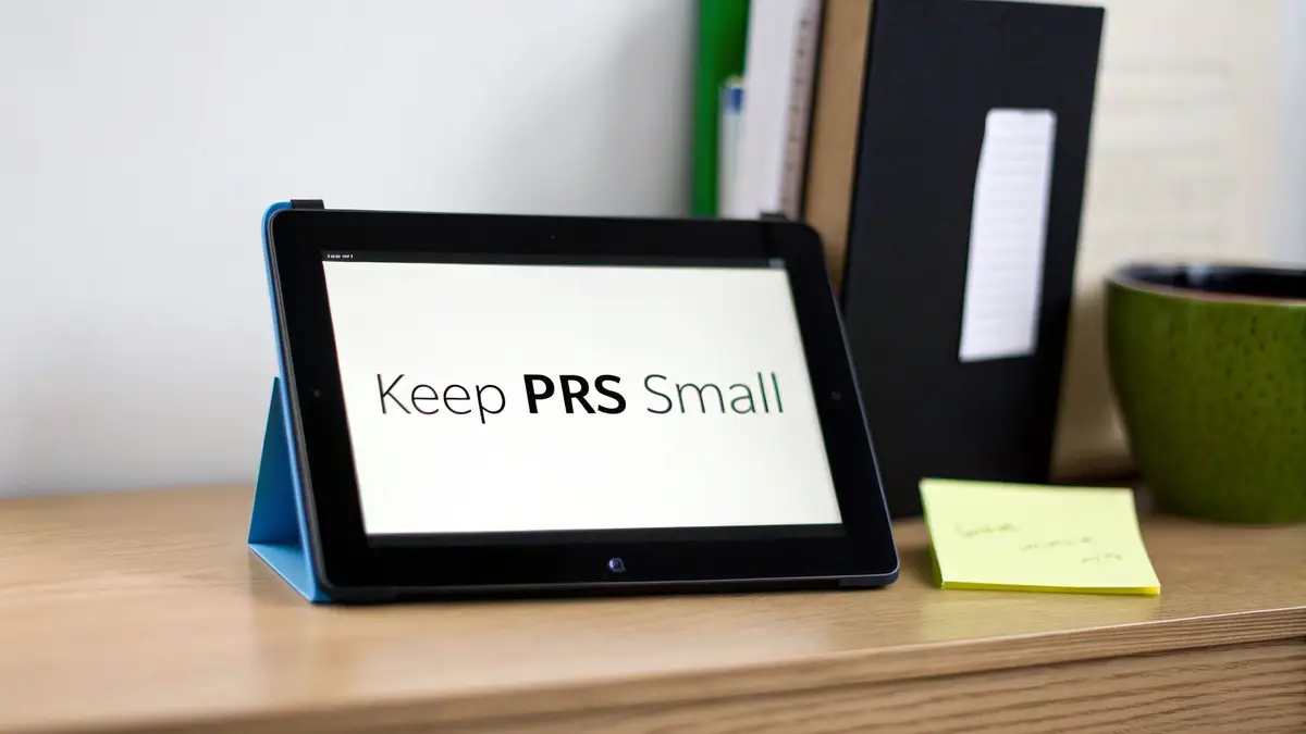An iPad on a wooden desk showing the words Keep PRs Small, among office supplies