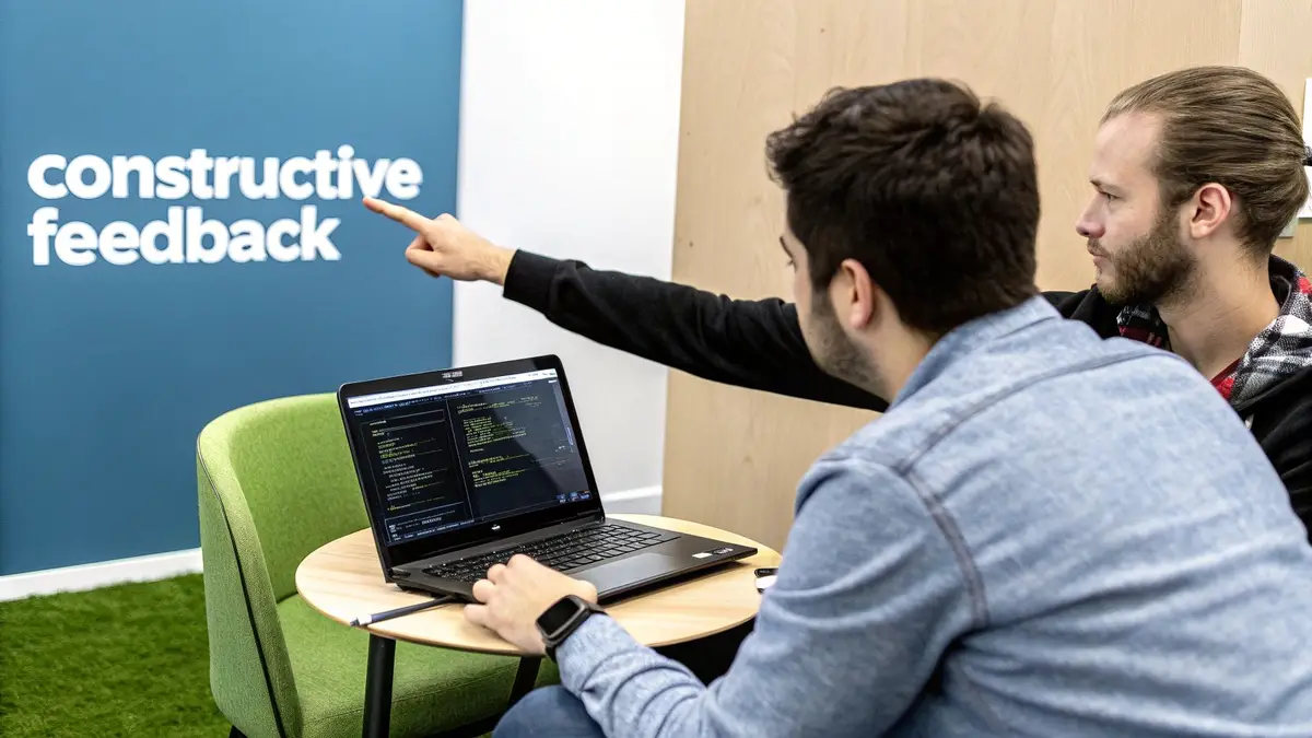 Two men reviewing code on a laptop in front of a blue wall with the words Constructive Feedback