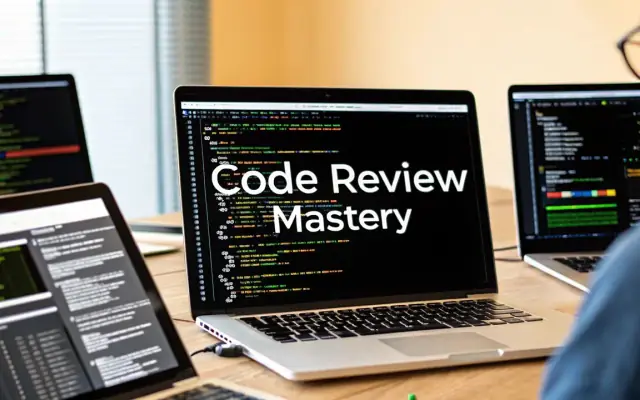 Several laptops showing code on a desk, the middle one with the words Code Review Mastery