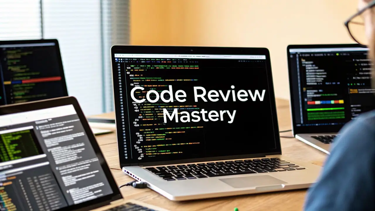 Several laptops showing code on a desk, the middle one with the words Code Review Mastery