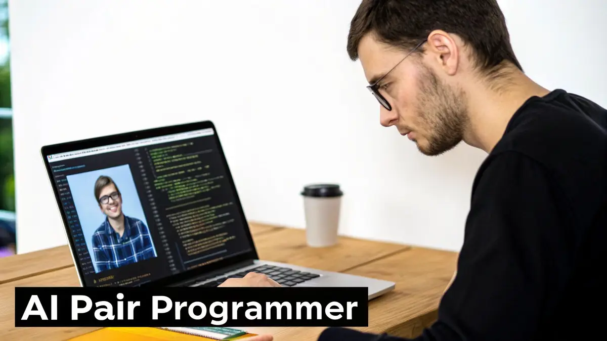 A man with glasses coding on a laptop, with "AI Pair Programmer" text overlay.