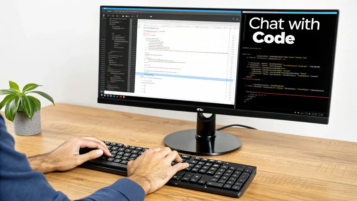 A developer typing on a keyboard, using a monitor displaying code and 'Chat with Code'.