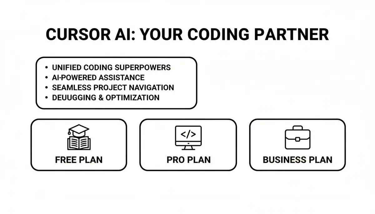 An infographic detailing Cursor AI as a coding partner with features like AI assistance and various plans.
