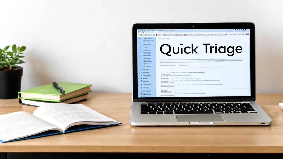 A laptop on a wooden desk showing the words Quick Triage, with books, a pen and a potted plant