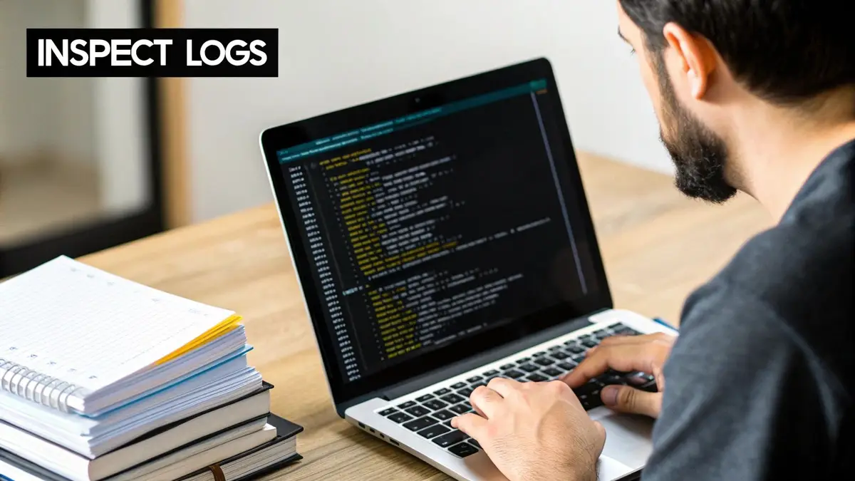 A bearded man reading logs on a laptop at a wooden desk stacked with notebooks