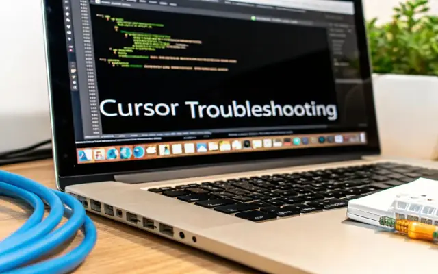 A laptop showing code with the words Cursor Troubleshooting, next to a coiled blue network cable