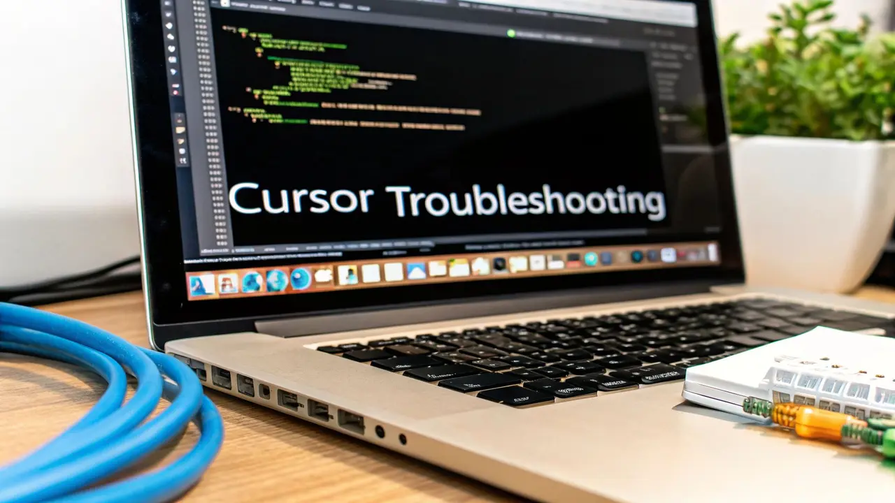 A laptop showing code with the words Cursor Troubleshooting, next to a coiled blue network cable