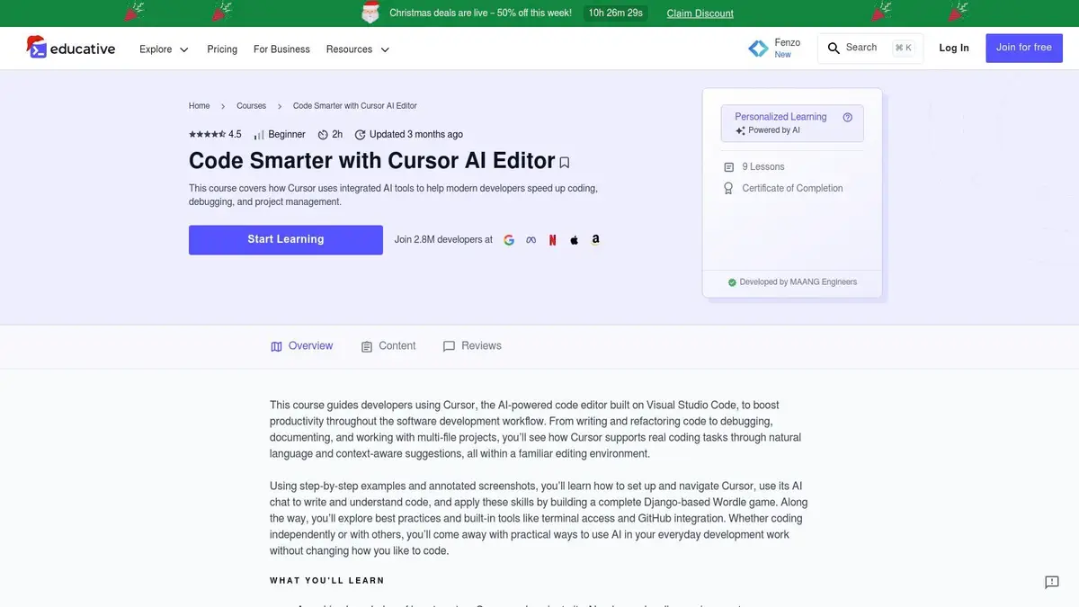 Educative's Code Smarter with Cursor AI Editor course page with a Start Learning button