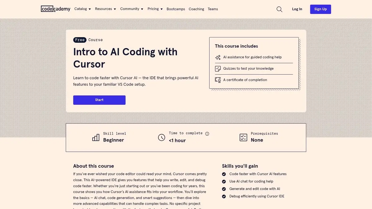 Codecademy's Intro to AI Coding with Cursor course page, marked free, beginner level, less than one hour