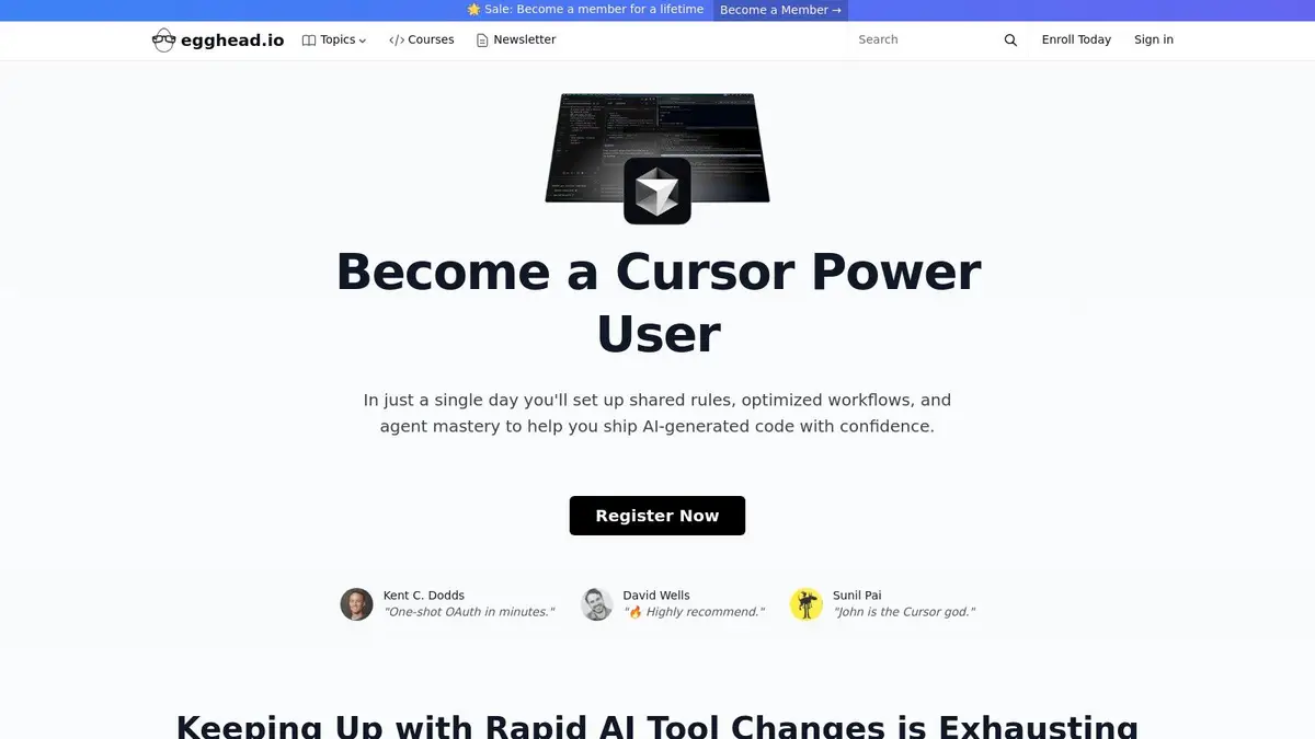 egghead's Become a Cursor Power User workshop page with a Register Now button