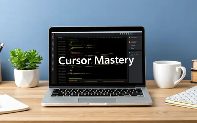 A laptop on a desk showing code with the words Cursor Mastery