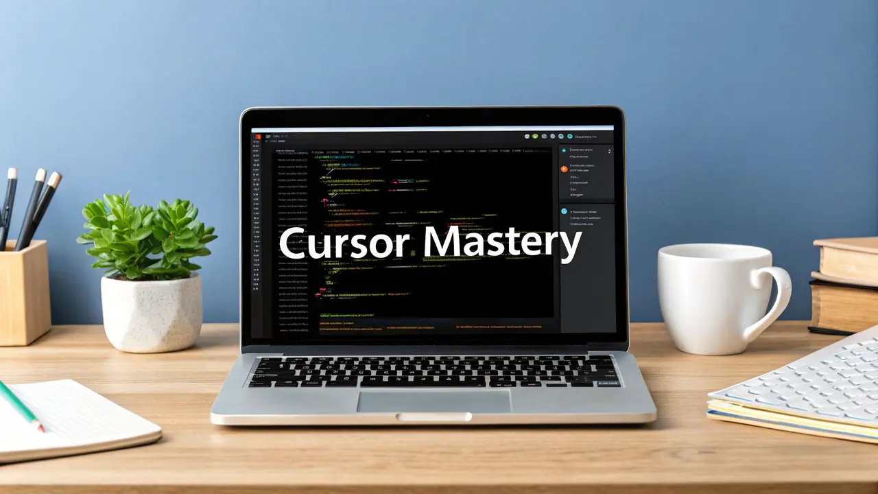 A laptop on a desk showing code with the words Cursor Mastery