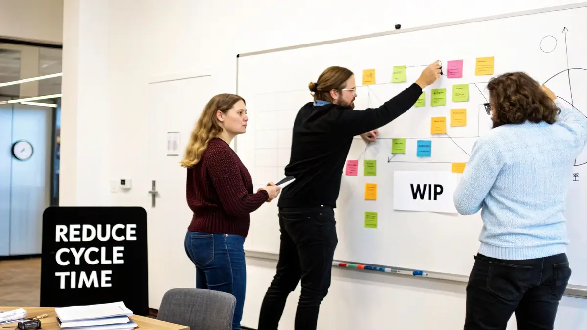 A team using a digital whiteboard to map out workflow improvements and identify bottlenecks.