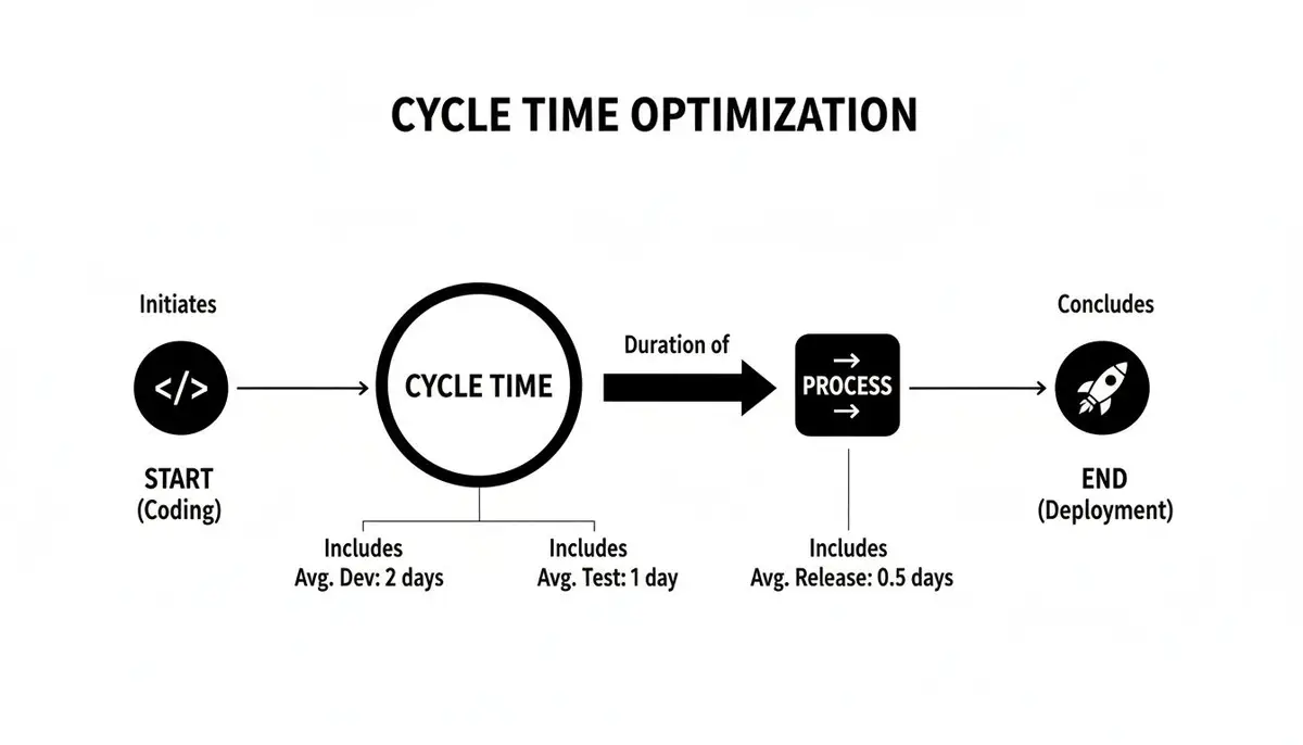 Diagram illustrating cycle time optimization from coding to deployment, detailing development, testing, and release durations.