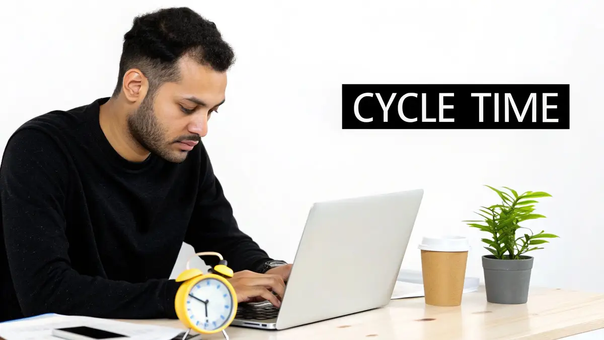 A man focused on working on his laptop at a desk with an alarm clock, coffee, and a plant. Text: CYCLE TIME.