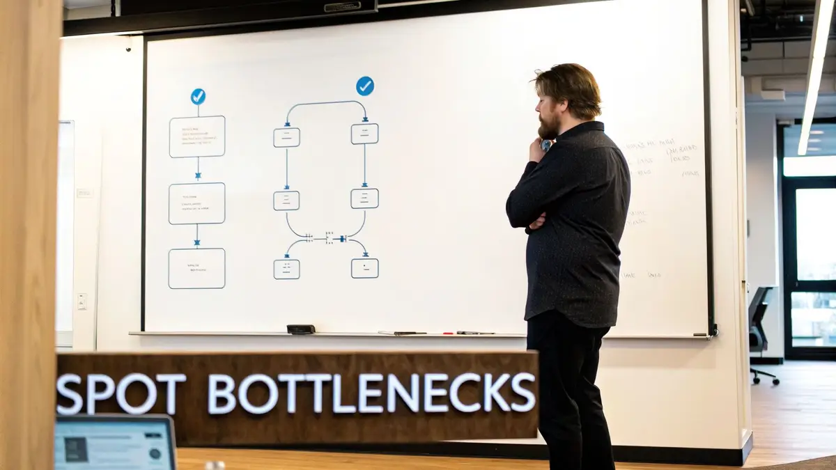A pensive man examines a whiteboard displaying process flow diagrams and a 'spot bottlenecks' sign.