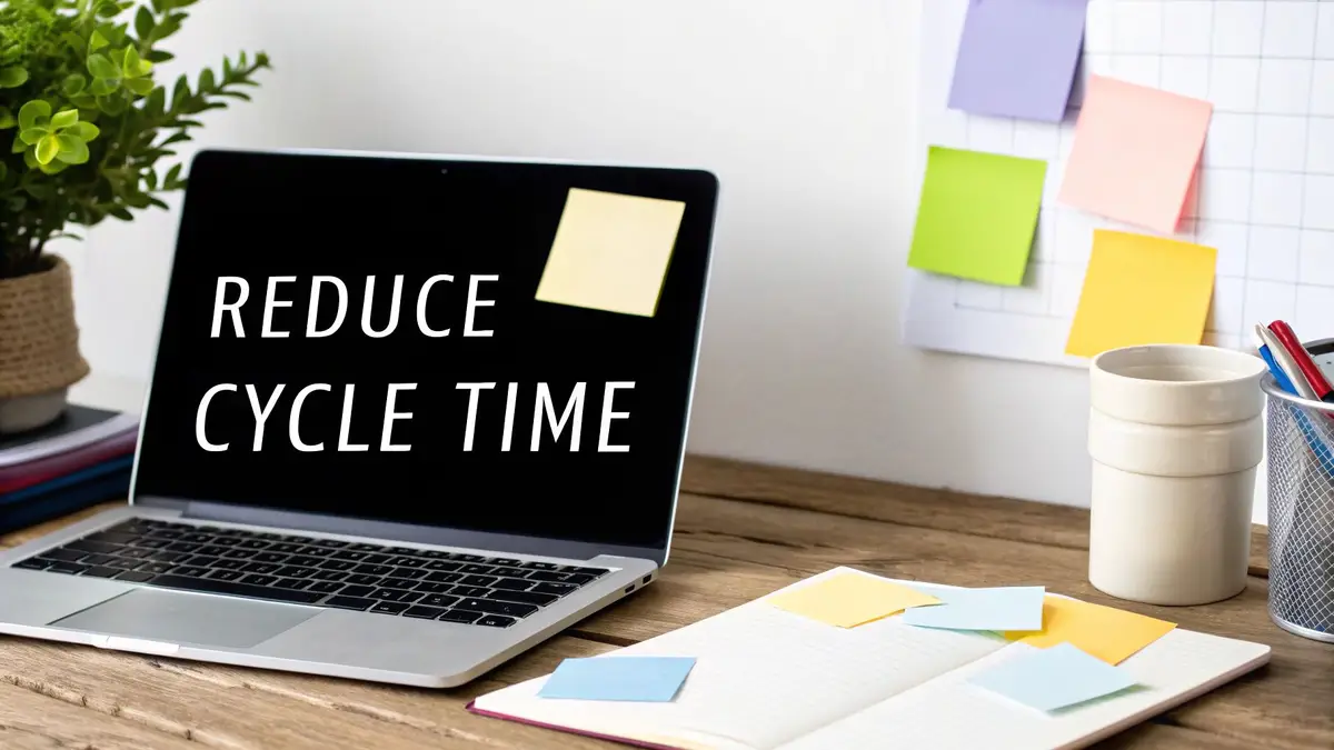 A laptop on a wooden desk displays 'REDUCE CYCLE TIME' with office supplies and a plant.