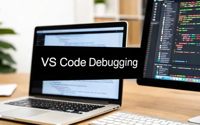 A laptop and a monitor showing code editors, with a banner reading VS Code Debugging