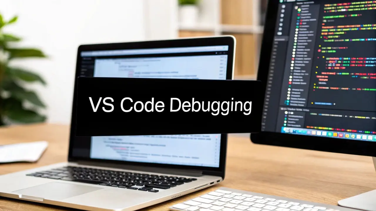 A laptop and a monitor showing code editors, with a banner reading VS Code Debugging
