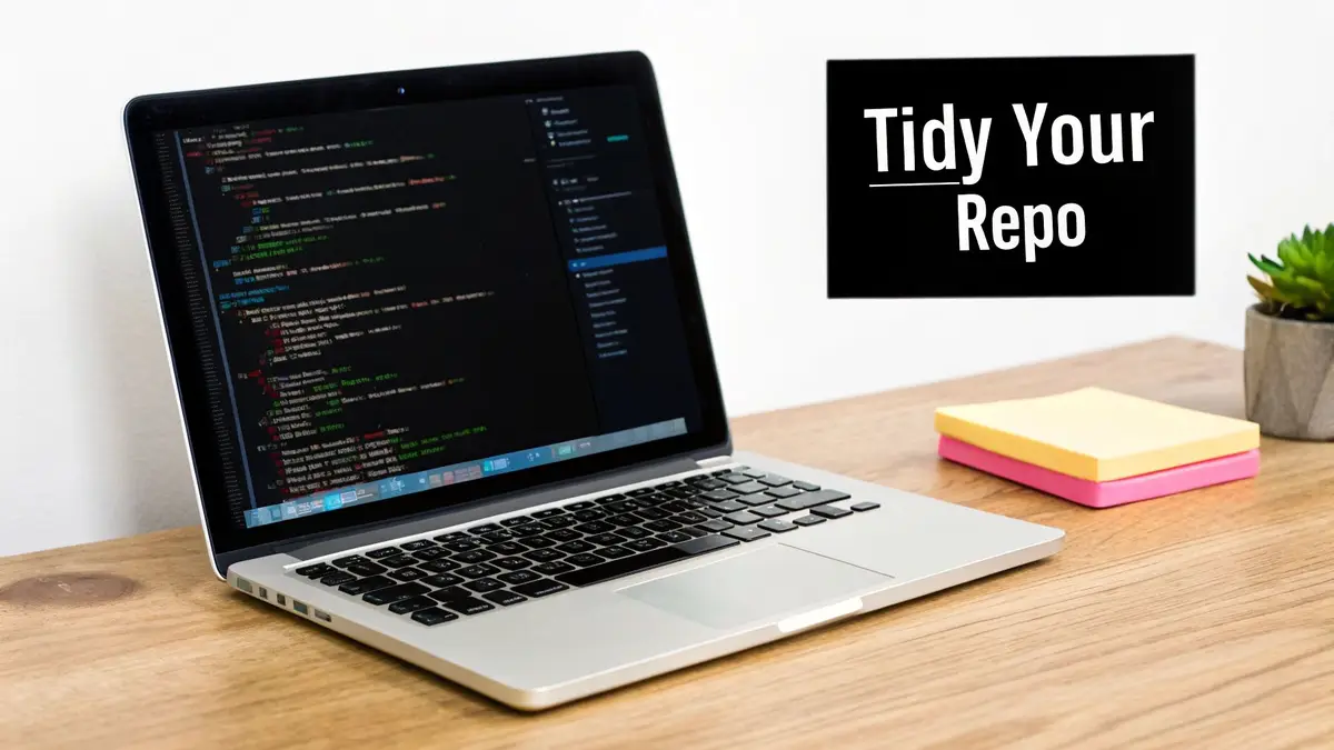 A laptop on a wooden desk displays code, next to a 'Tidy Your Repo' sign and sticky notes.