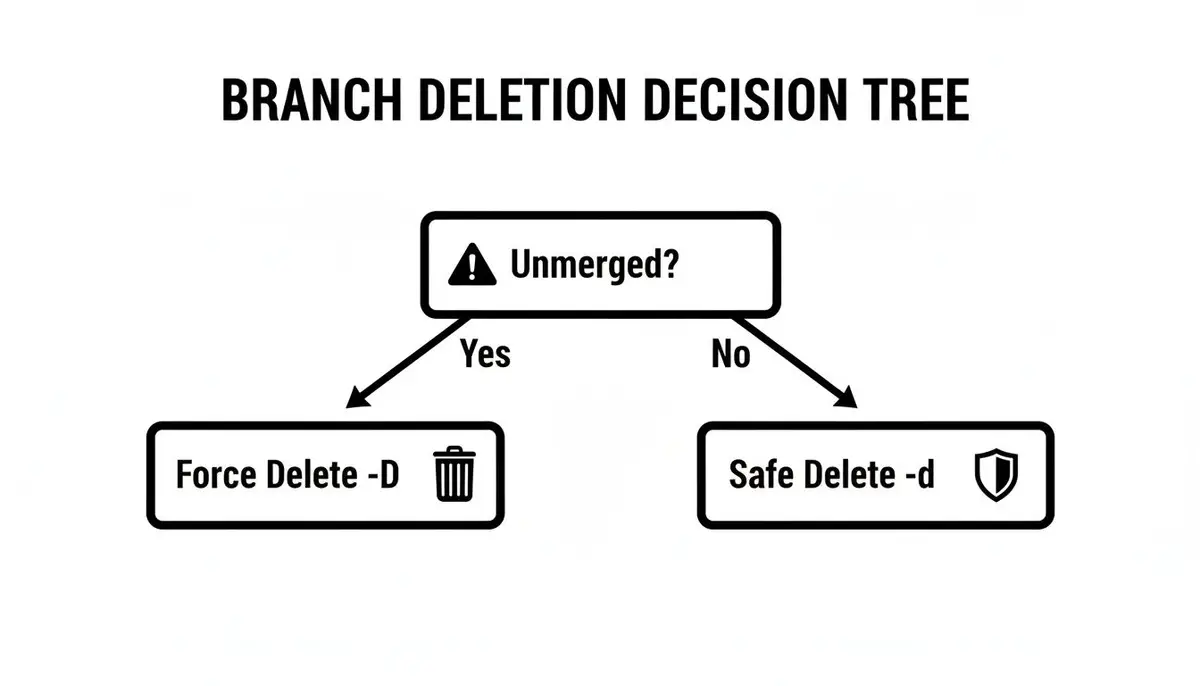 A branch deletion decision tree flowchart, guiding users to 'Force Delete -D' if unmerged or 'Safe Delete -d' if merged.