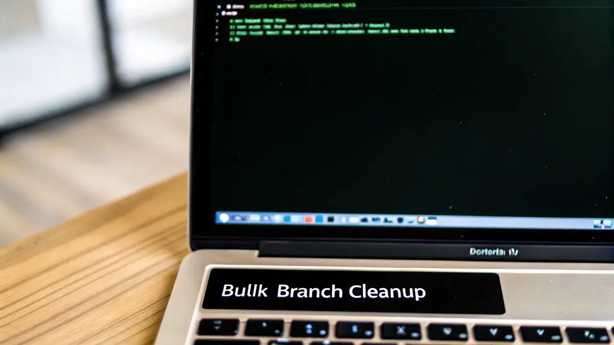 A close-up of a laptop showing code on a black screen and 'Bulllk Branch Cleanup' on the Touch Bar.