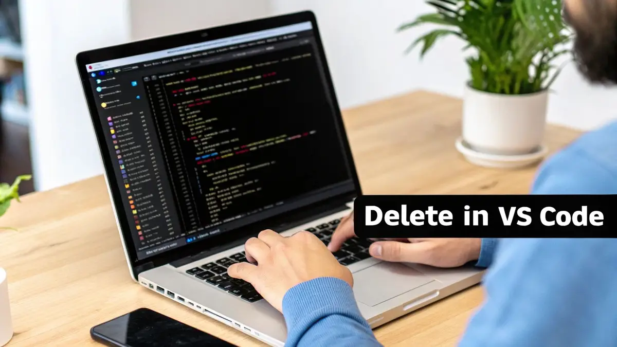 A person coding on a laptop with VS Code open, featuring a 'Delete in VS Code' text overlay.