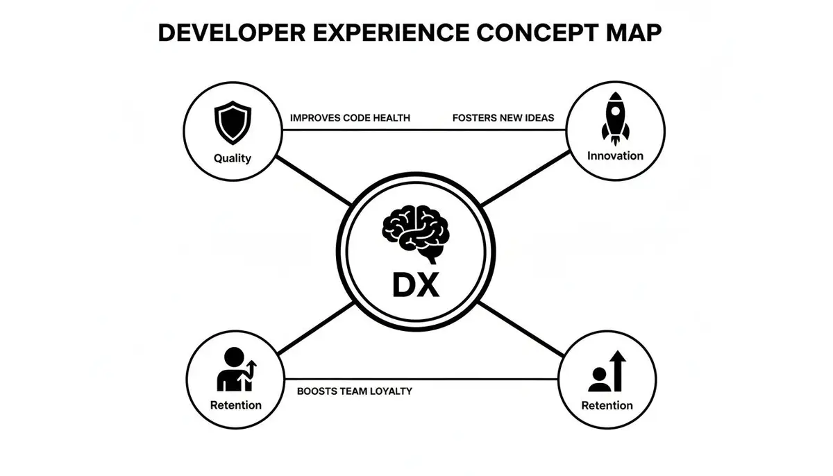 Developer Experience concept map highlighting connections to quality, innovation, and retention.