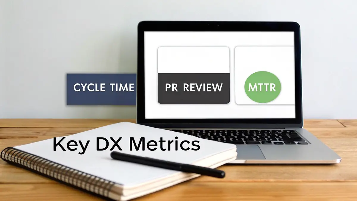 Laptop on a wooden desk displaying developer experience metrics: Cycle Time, PR Review, and MTTR.