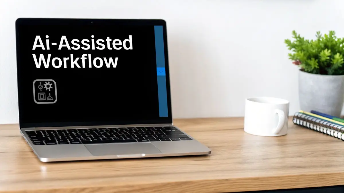 A laptop displays "Ai-Assisted Workflow" on a desk with a coffee mug, notebook, and plant.