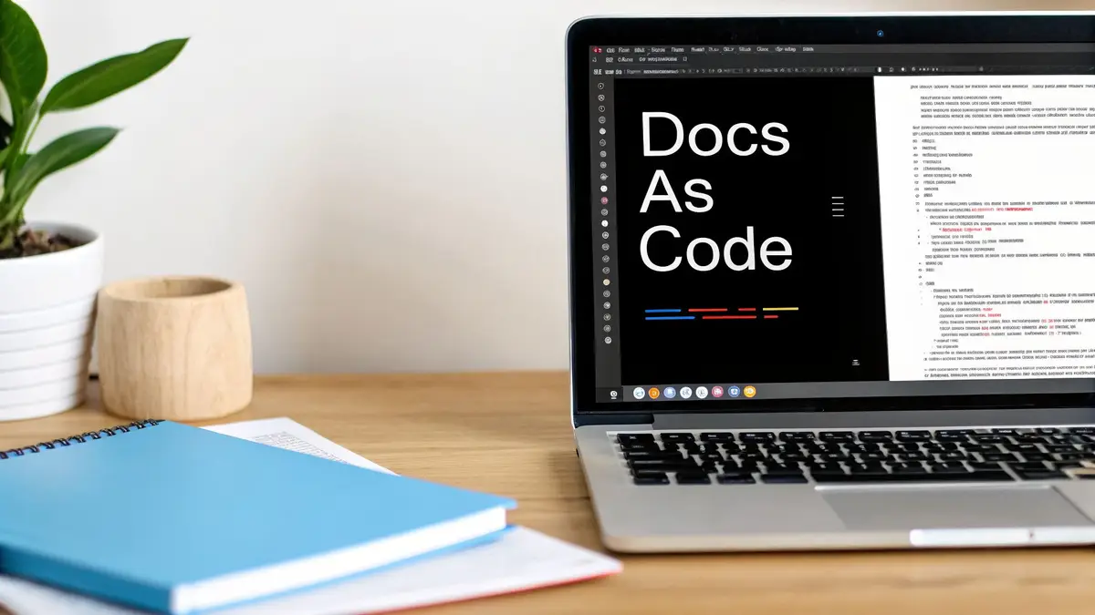 A laptop displaying 'Docs As Code' on a wooden desk with a plant and blue notebook.