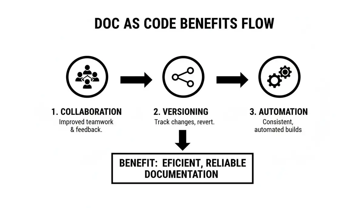 Doc as Code benefits flow illustrating collaboration, versioning, and automation for efficient, reliable documentation.