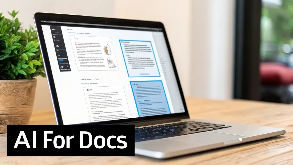 A laptop on a wooden desk displays a document with text and diagrams. 'AI For Docs' is in the foreground.