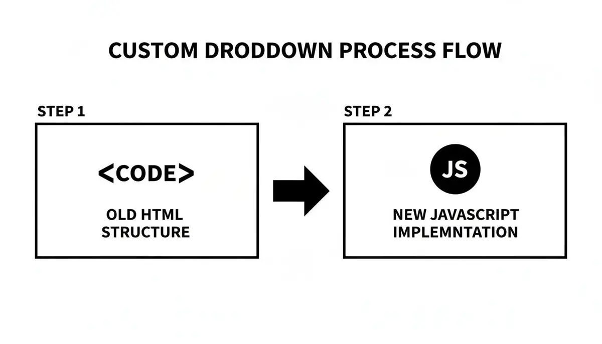 Flowchart showing custom dropdown implementation: old HTML structure transitioning to new JavaScript implementation.