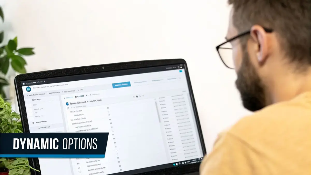 Man with glasses looking at a laptop screen displaying a user interface with dynamic options and lists.