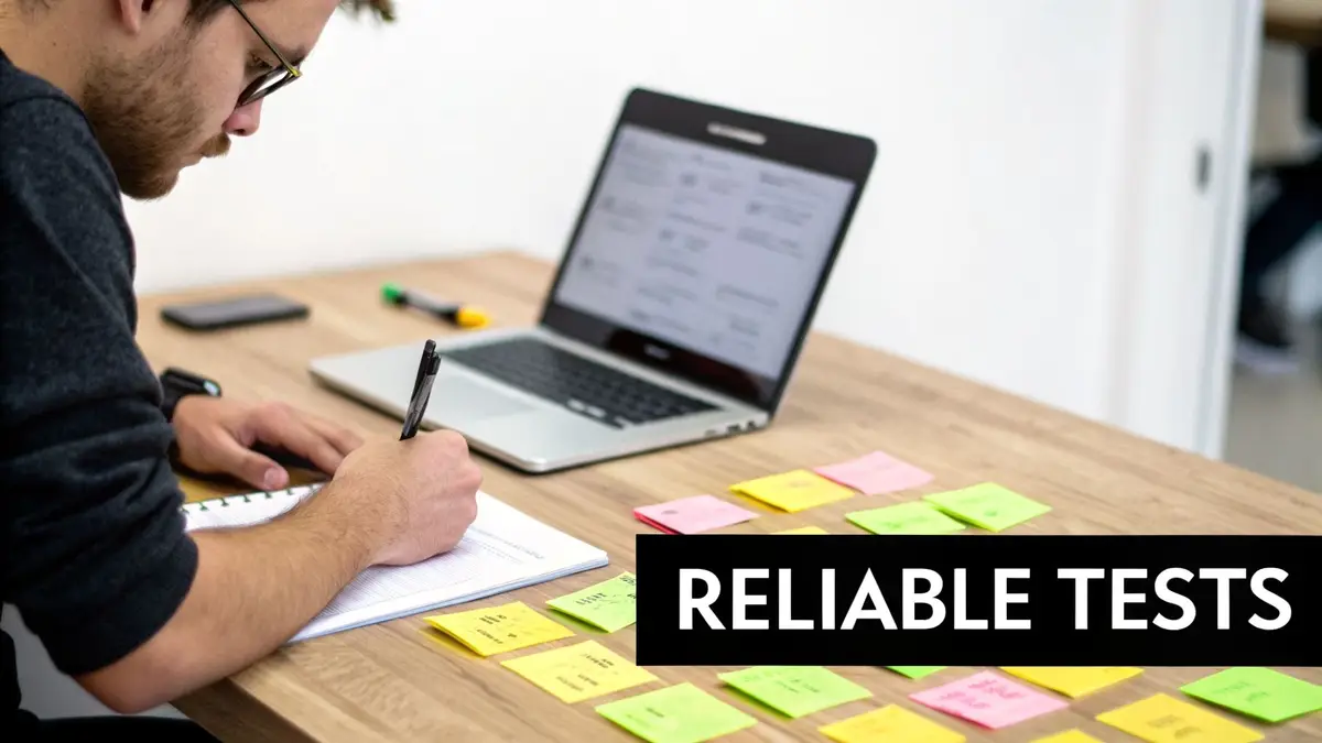 A focused man writes notes at a desk surrounded by a laptop and colorful sticky notes.