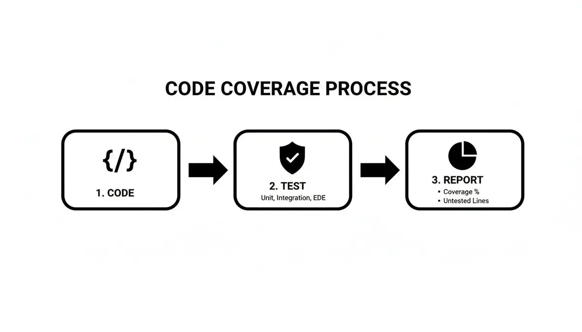 Flowchart illustrating the code coverage process with steps: code, test (unit, integration, EDE), and report.
