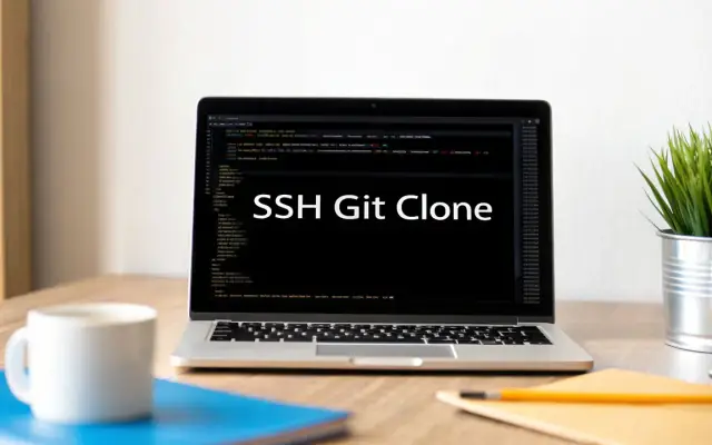 A laptop on a desk with a terminal on screen and the words SSH Git Clone