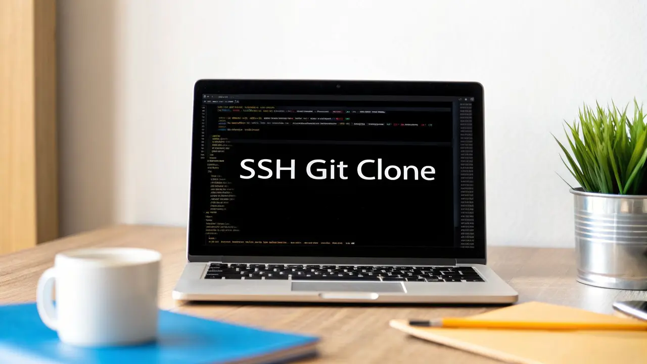 A laptop on a desk with a terminal on screen and the words SSH Git Clone