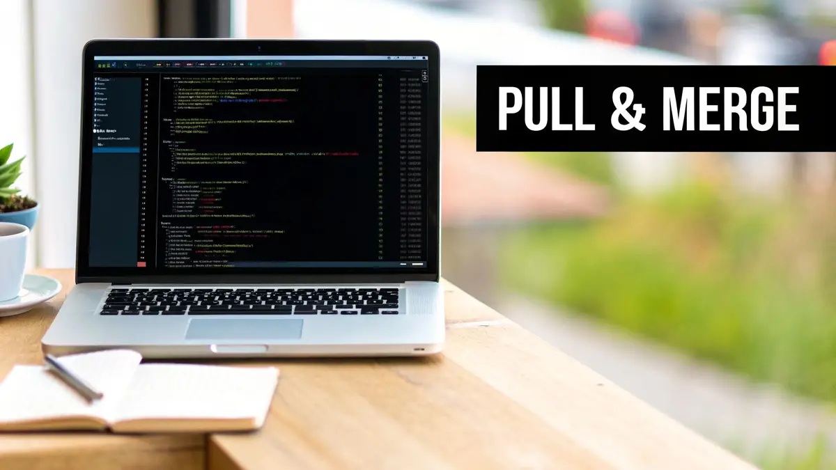 A laptop on a desk showing code under a PULL and MERGE banner